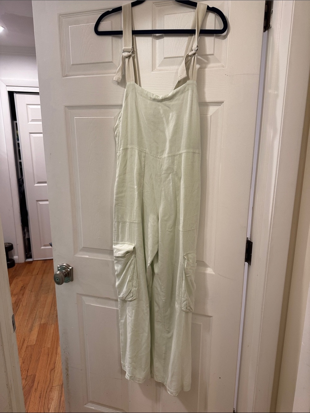 BDG Light Sage Tie-Shoulder Cargo Wide-Leg Jumpsuit
